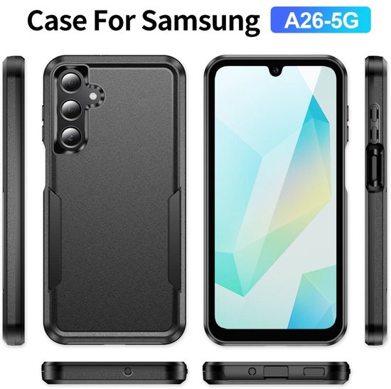 Coque noire pour Samsung A26-5G, montrant les vues avant, arrière et latérales, y compris le placement de la caméra.