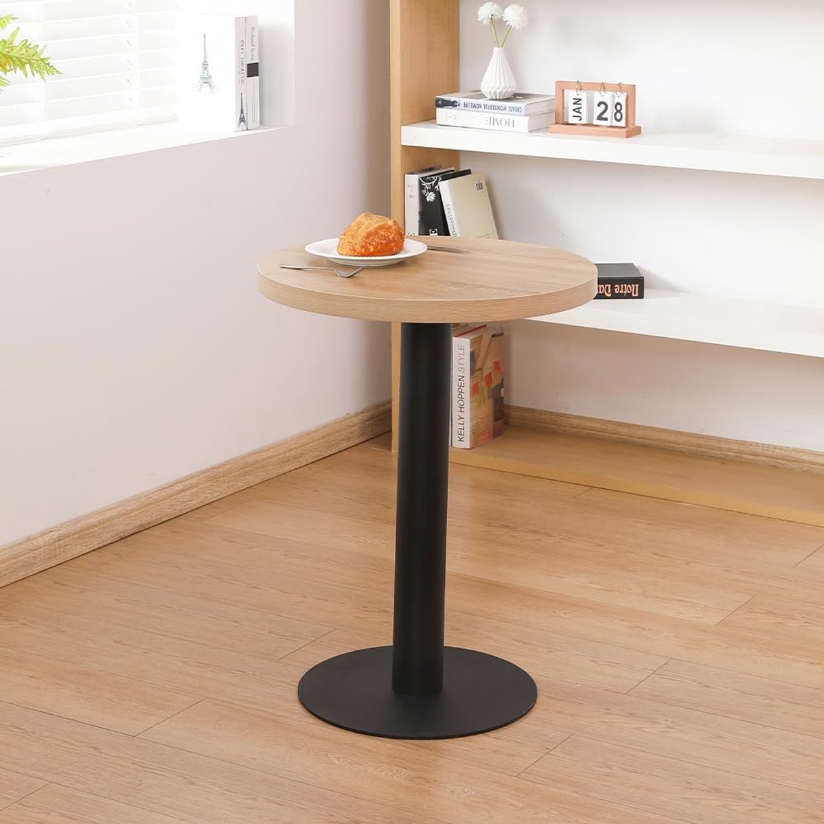 Luxe Ronde Eettafel van Massief Eikenhout – Moderne Bistrotafel met Zwart Metalen Onderstel – Compacte Keukentafel voor 2-3 Personen – Ø 60 cm x 76 cm – Industrieel Design