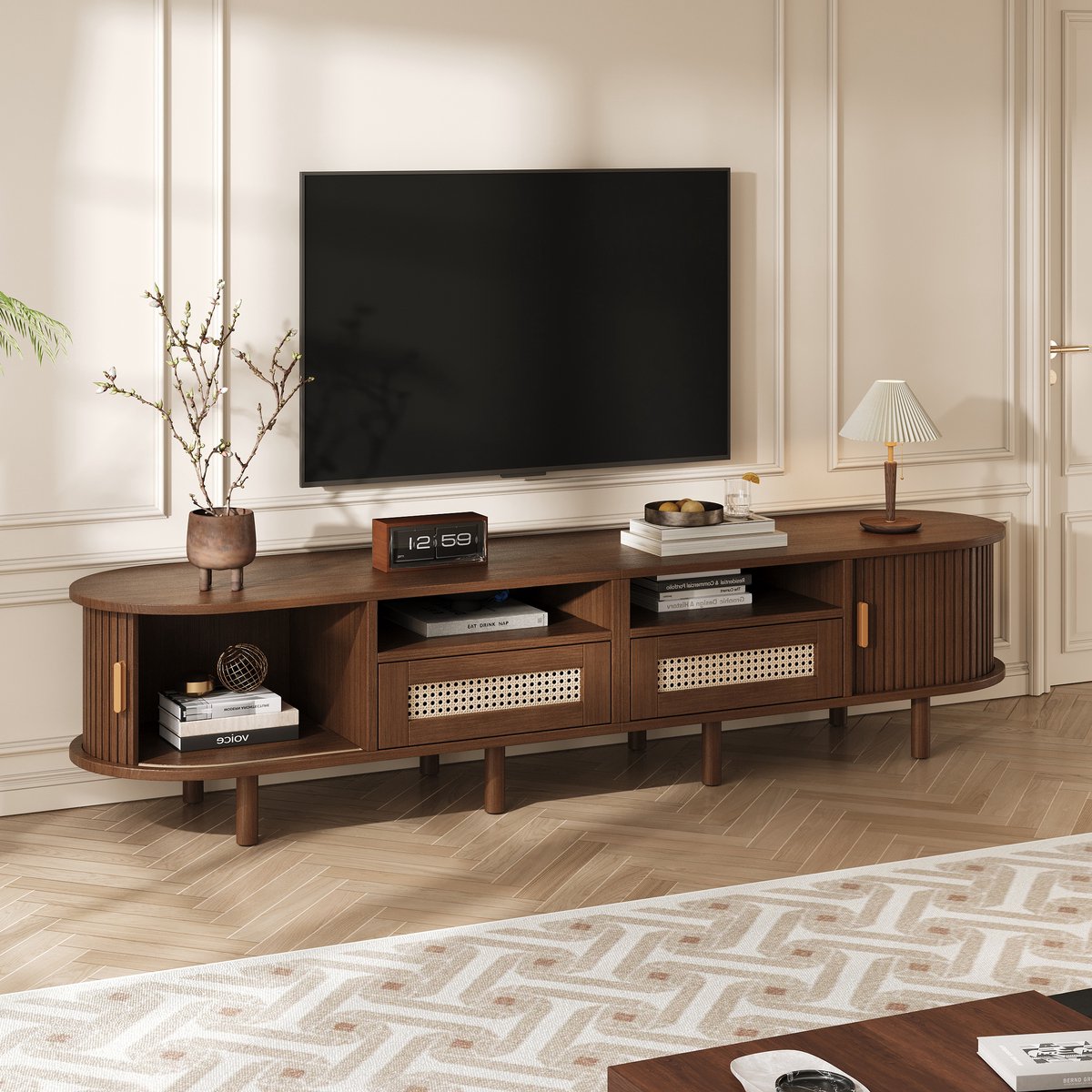 MIVRAY Tv-Meubel - Ovaal Design Met Schuifdeuren En Rotan Lades - Voor Woonkamer - Donker Eikenhoutlook MDF - 170x40x40 Cm Donkere eik
