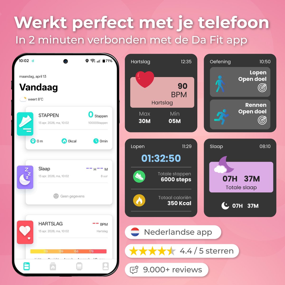 Nuvance Smartwatch Heren & Dames met Bluetooth - 45mm - Geschikt voor alle Smartphones - Stappenteller & Hartslagmeter - Roze – foto 3
