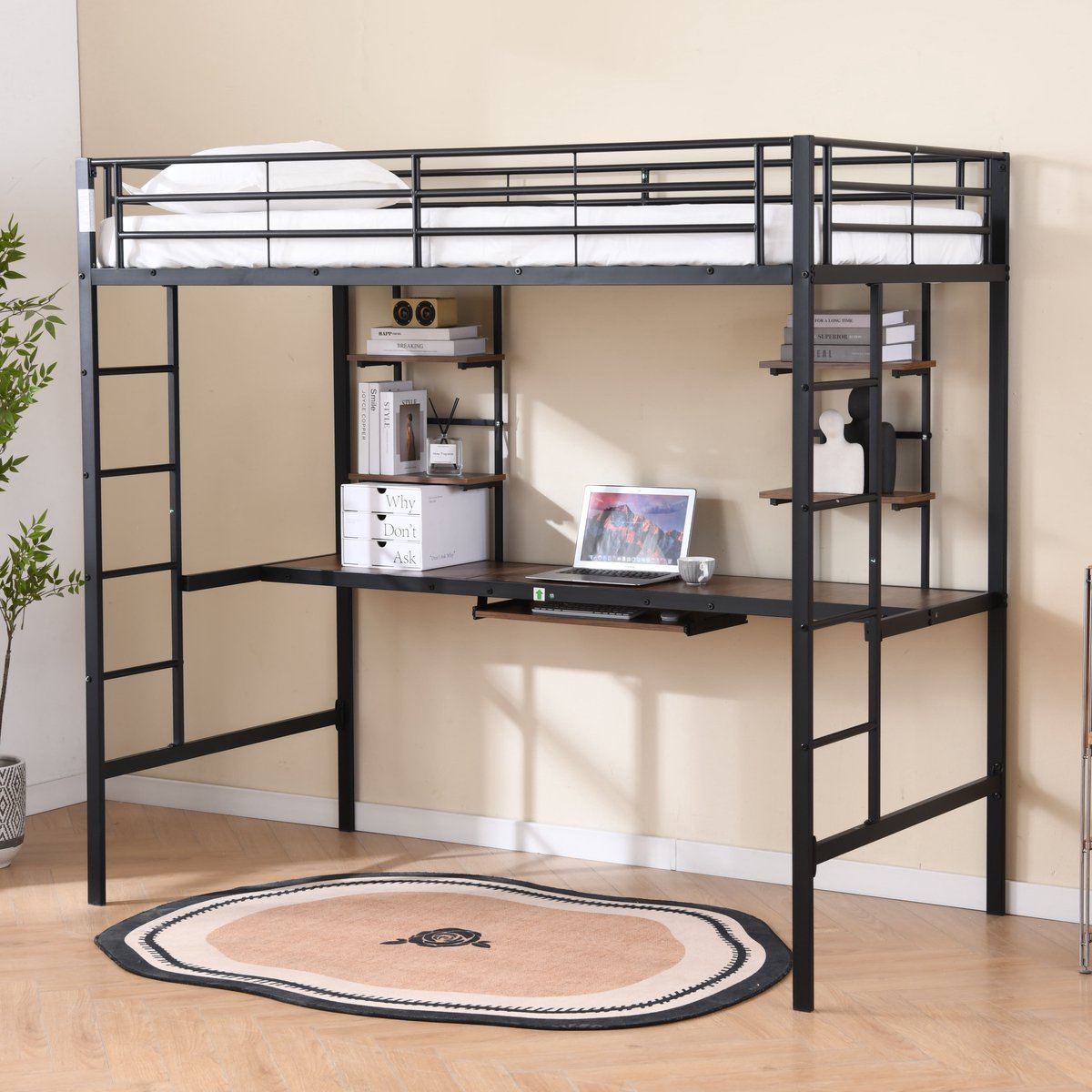 Intebiki Hoogslaper met bureau 90×190 cm - Slimme oplossing voor studentenhuizen - Kleine appartementen - veilig, multifunctioneel, ruimtebesparend - ontworpen voor moderne woonruimtes - geen matras - zwart