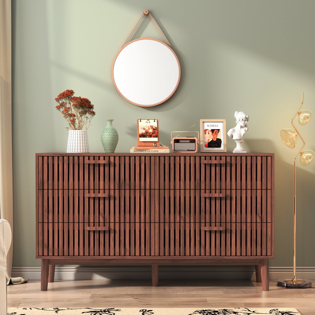 Dressoir met 6 Laden – Walnootkleur met Fluted Design – Houten Opbergkast voor Woonkamer, Slaapkamer & Hal – Modern