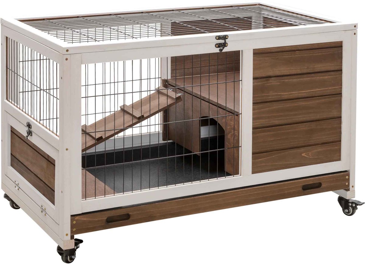 CYRO - Konijnenhok Binnen - Houten Konijnenhokken - voor Binnen - Konijnenhok voor Buiten - Op Wielen - 90X53X59 cm - Bruin Wit