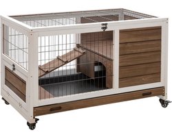 CYRO - Konijnenhok Binnen - Houten Konijnenhokken - voor Binnen - Konijnenhok voor Buiten - Op Wielen - 90X53X59 cm - Bruin Wit