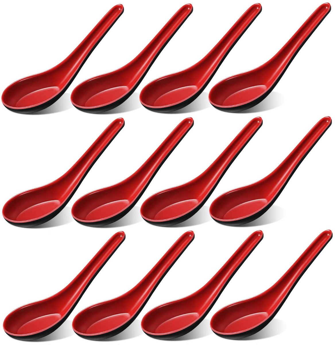 Dailygoody - Soeplepel - Porselein Soeplepel Set - Geschikt voor Thuis en Restaurants - Rood & Zwart - Ideaal voor Soepen en Ramen - 12 Stuks