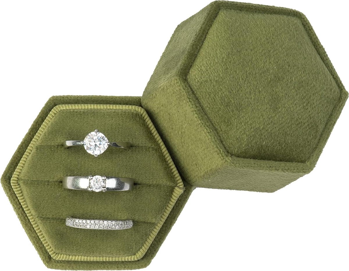 Zeshoekige Ringdoos - Fluwelen Juwelendoos - Trouwringen Presenteren - Drie Ring Sleuven - 55 x 55 cm - Olijfgroen