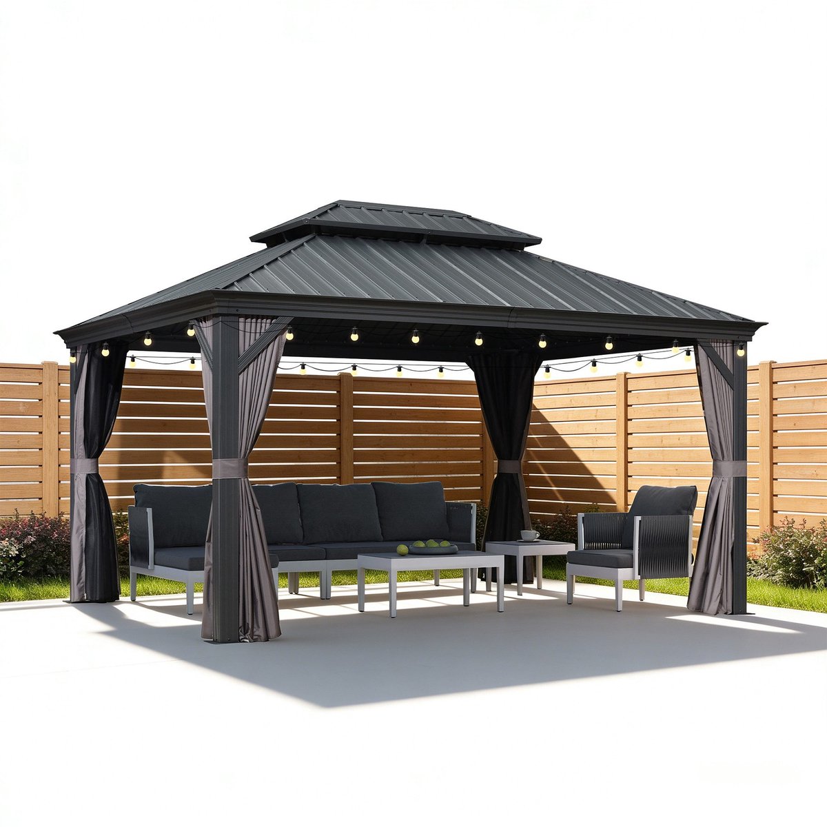 PURPLE LEAF Hardtop Aluminium Tuinpaviljoen – Dubbel dak – Hoogwaardige Gordijnen – Wind- en weerbestendig – Luxueus Grijs – Met Sfeerverlichting
