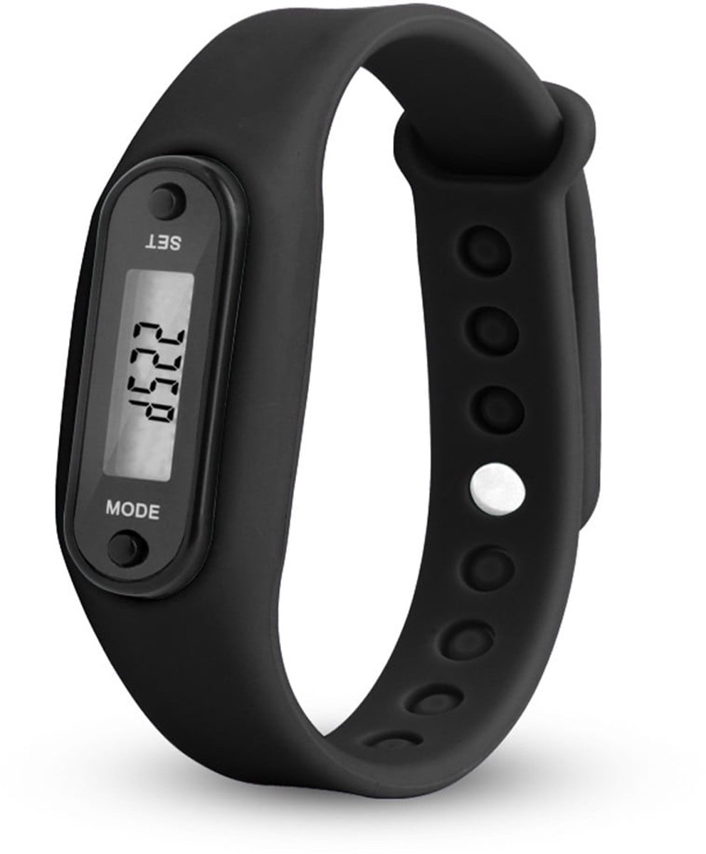 Fitnesshorloge met digitale stappenteller, LCD-display met weergave van calorieverbruik en afgelegde afstand, automatische slaapstand bij lage batterijspanning, zwart.