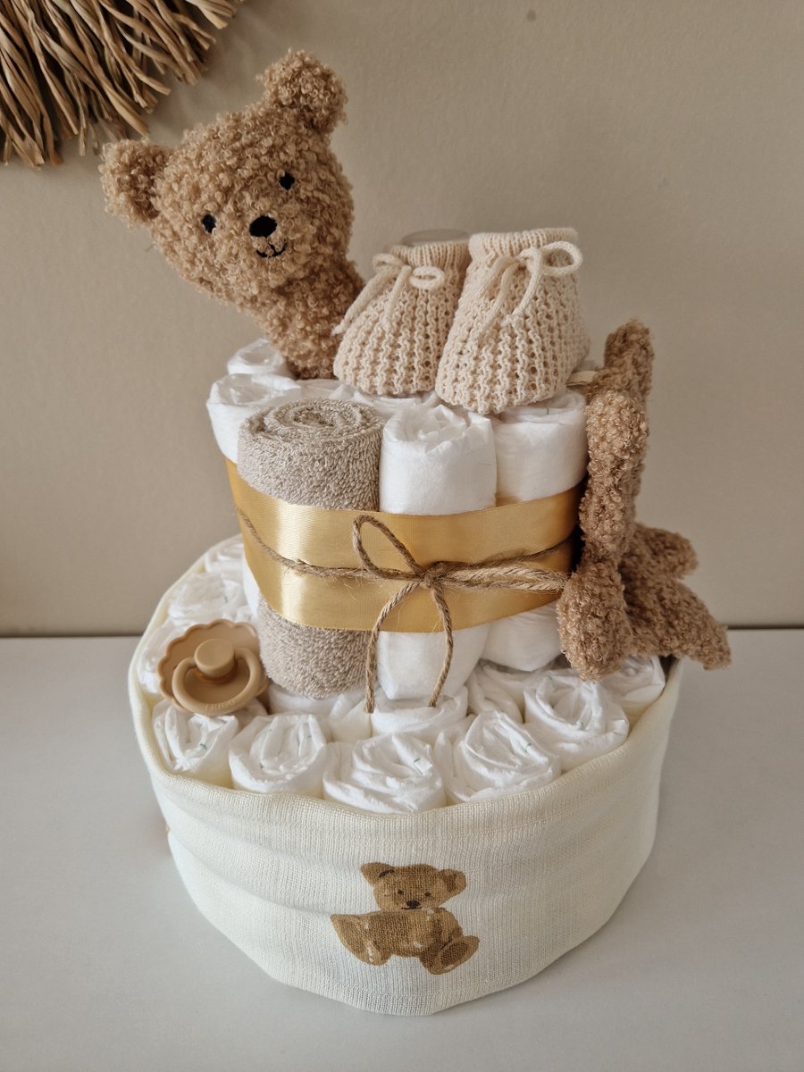 Luiertaart Teddy Bear Jollein Biscuit, neutraal- babyshower - kraamcadeau
