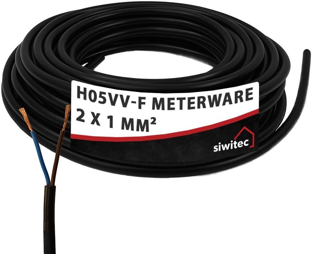 H05VV-F kabel 2x1mm², 300/500V, 2 m, PVC, 6,4 mm buitendiameter, flexibele kabel, gemiddelde mechanische belasting, apparaatkabel voor elektrische apparaten