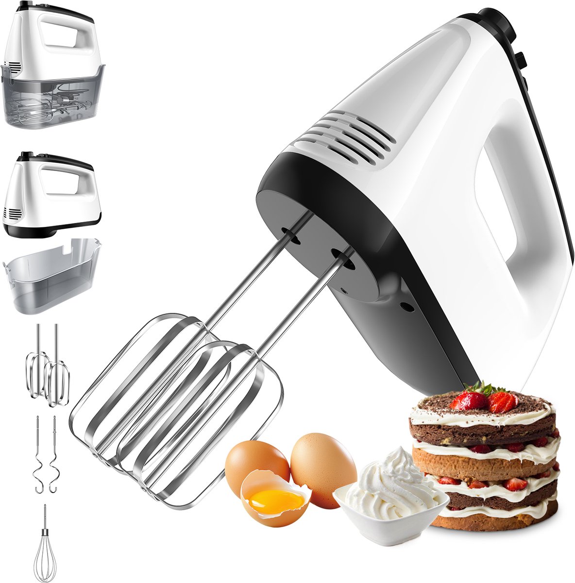 kotsren Krachtige Elektrische Handmixer met 6 Snelheden & Turbo - Turbo - Met Kloppers & Kneedhaken - Keukenmachine - Wit