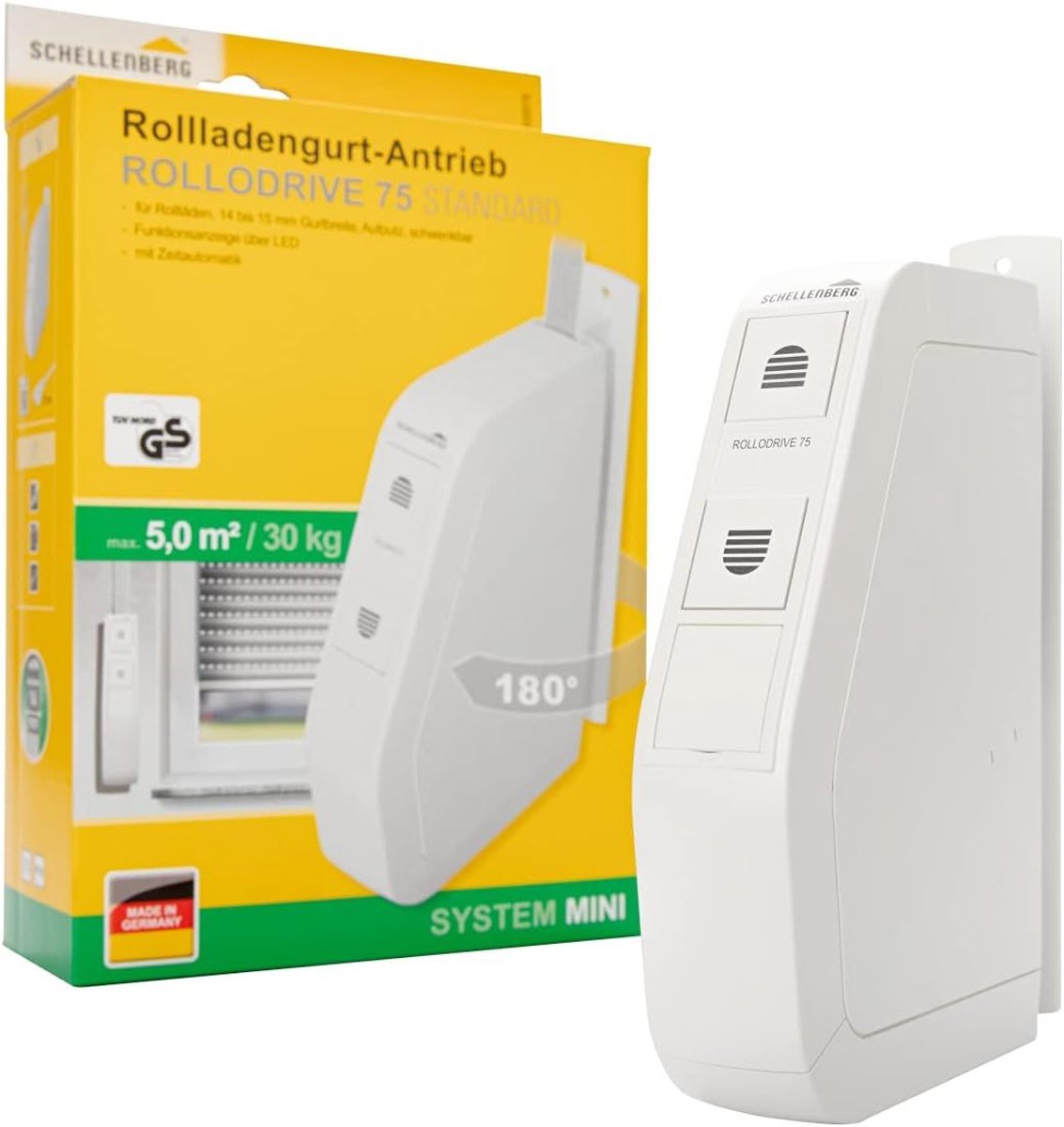 Schellenberg 22575 Elektrische bandoproller ROLLODRIVE 75 STANDARD, voor rolluiken tot 5 m², 30 kg trekkracht, 180 graden draaibaar, complete set inclusief stekker en timer