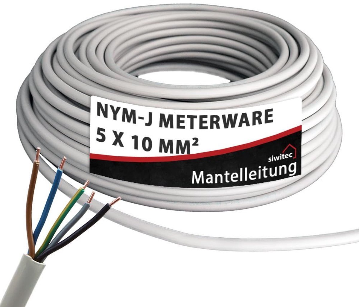 NYM-J 5x10 mm² kabel, ommantelde kabel, installatiekabel, vochtbestendige kabel in grijs, nauwkeurig op maat gesneden per meter in professionele kwaliteit, lengte (huidige selectie) = 7 meter