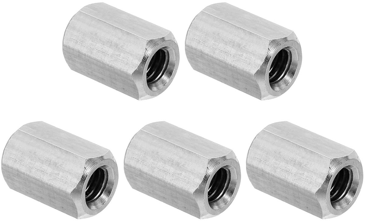 5/16"-18 UNC 304 RVS Hexagonale Koppelnuts - 5 stuks - 1 Inch Lengte - Volledig Draad - Coarse Coupling Nut - Verbindings Elementen - Zilveren Kleur