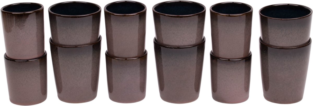 Koffiekopjes set van 12 - 150 ml en 250 ml - 6 persoons - Vila Nova - roze met blauw - Portugees stoneware