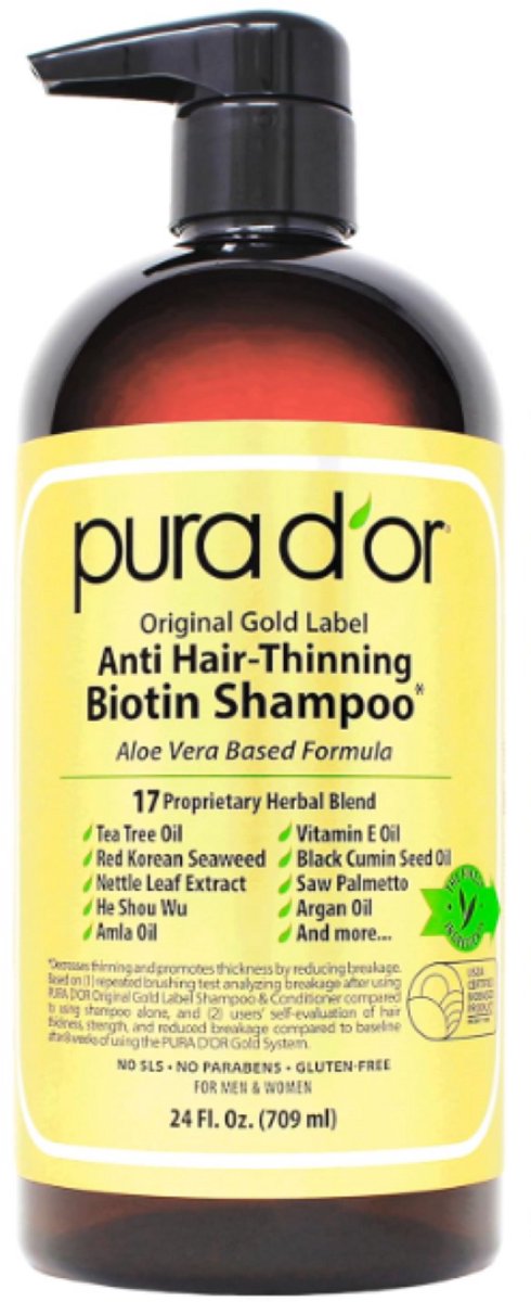 PURA D'OR Anti-Hair Thinning Biotin Shampoo 709ml (Voordeelpack) – Tegen Haaruitval & Dunner Wordend Haar – Met Biotine, Arganolie & Natuurlijke Extracten – Versterkt & Verdikt Haar – Sulfaatvrij