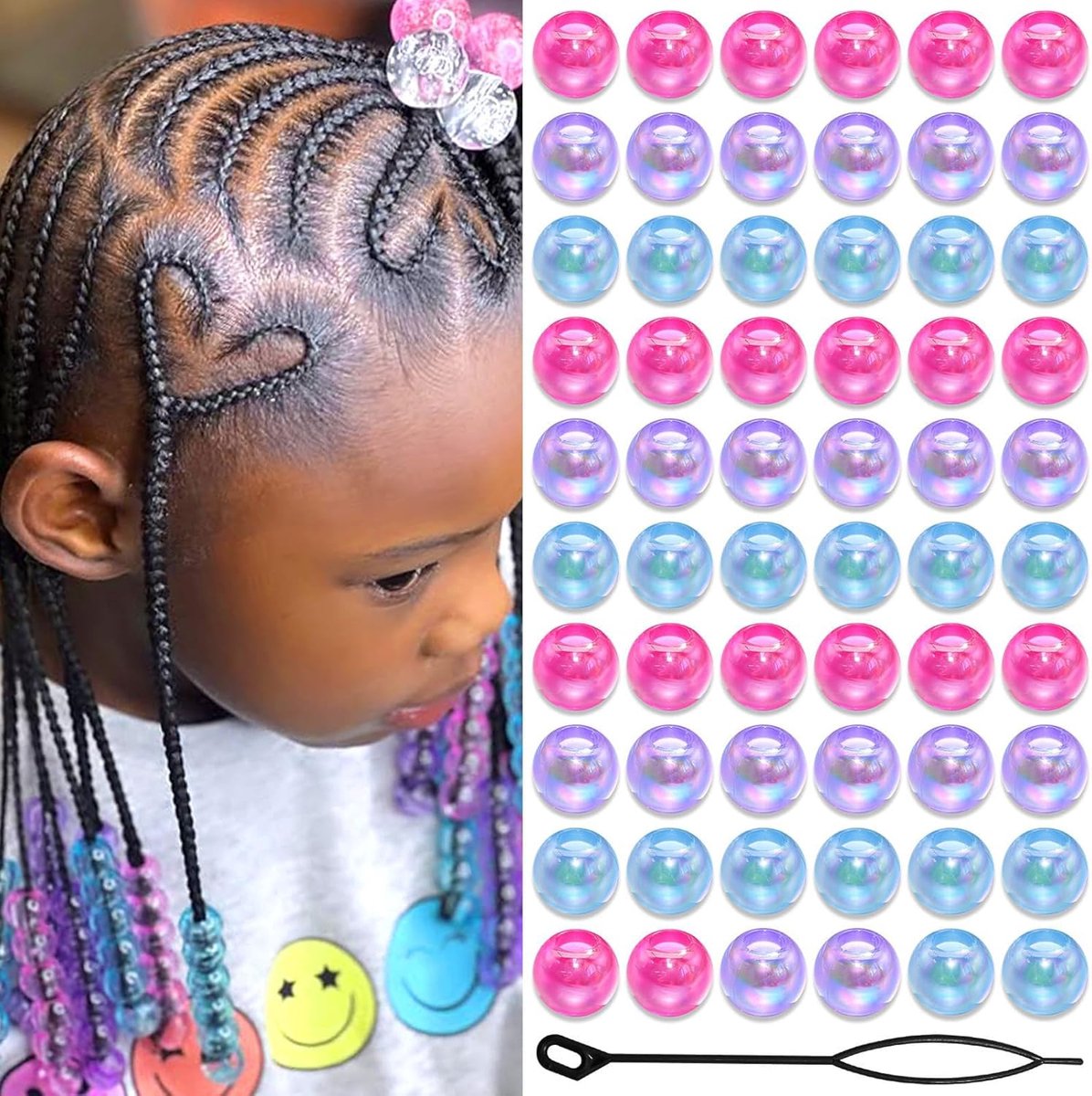 60PCS Haarparels - Zopfperlen - Kinderen Meisjes - Ronde Acrylaat Kralen - Blauw Roze Paars Met Basting Hulp