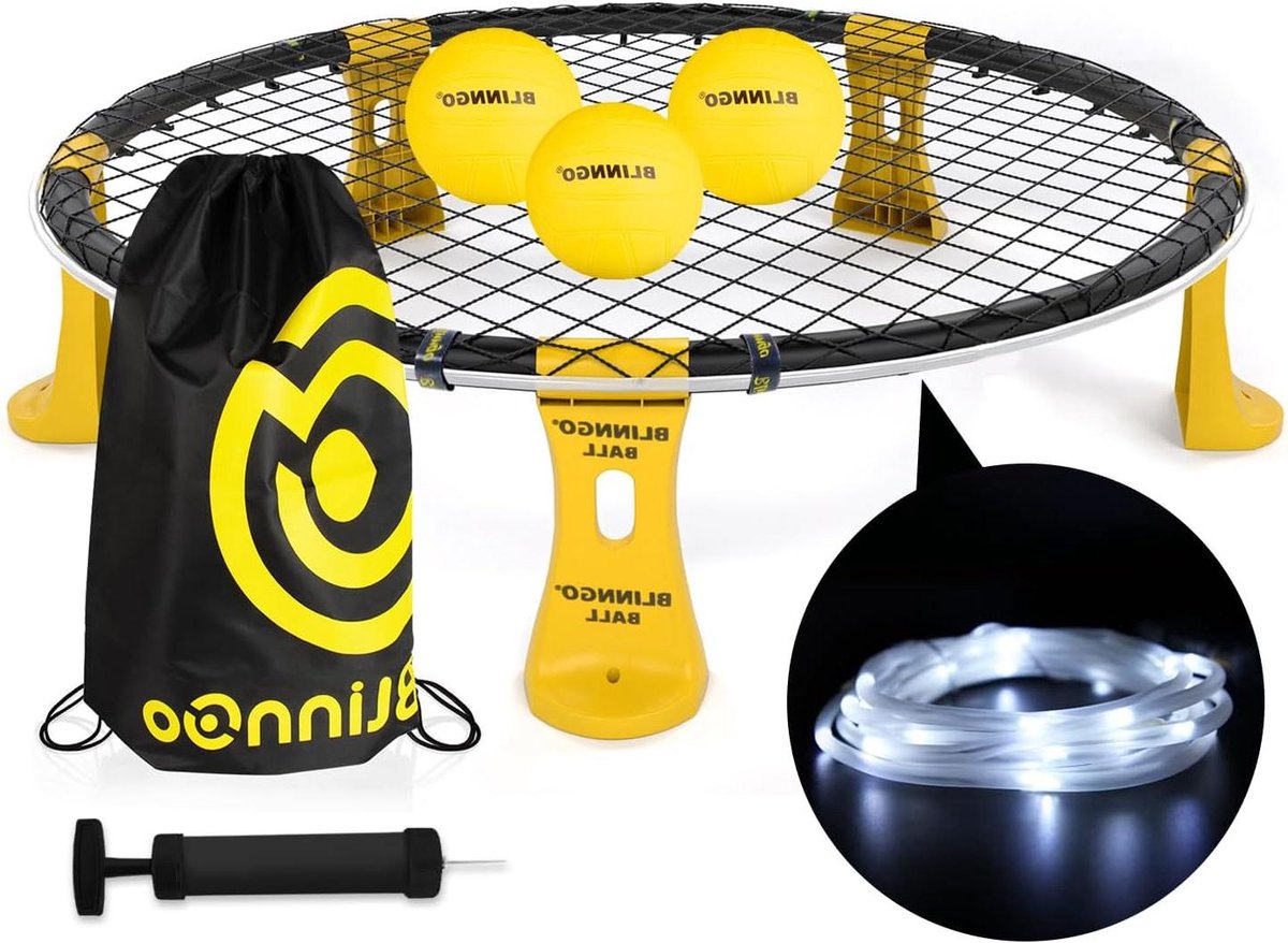 Roundnet Spel - Buitenspel Set - Actief Buiten Spelen - Inclusief Lichtstrip - 3 Ballen - Geel Zwart