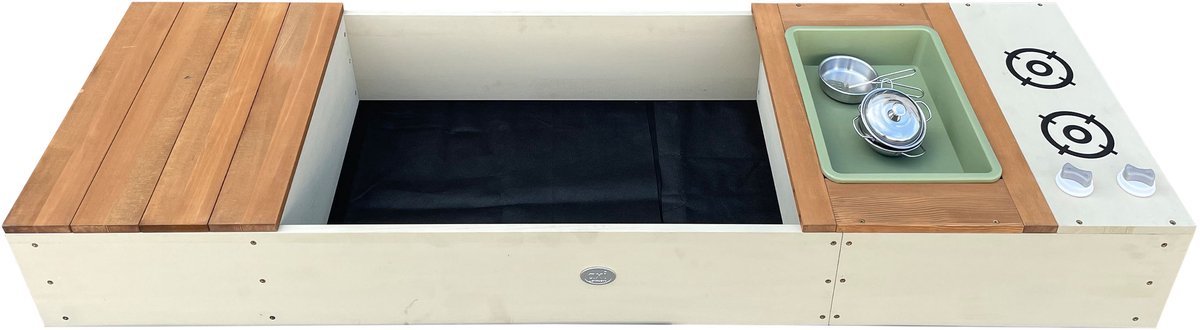 AXI Pippa Zandbak met speelkeuken en opbergbank 160 x 50 cm Beige/bruin – FSC 100% hemlock hout – Met Zand en Waterbak – Met 6-delige Speelgoed Kookset – Met Hoes en Grondzeil – 10 jaar garantie — afbeelding 4