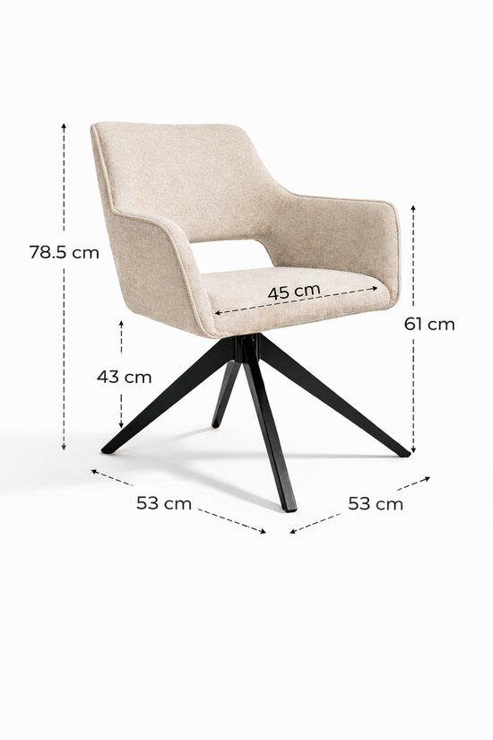 Beige chenille stoel met armleuningen, gebogen rugleuning en zwart metalen onderstel met vier poten. Afmetingen: 78.5 cm hoog, 61 cm breed, 53 cm diep.