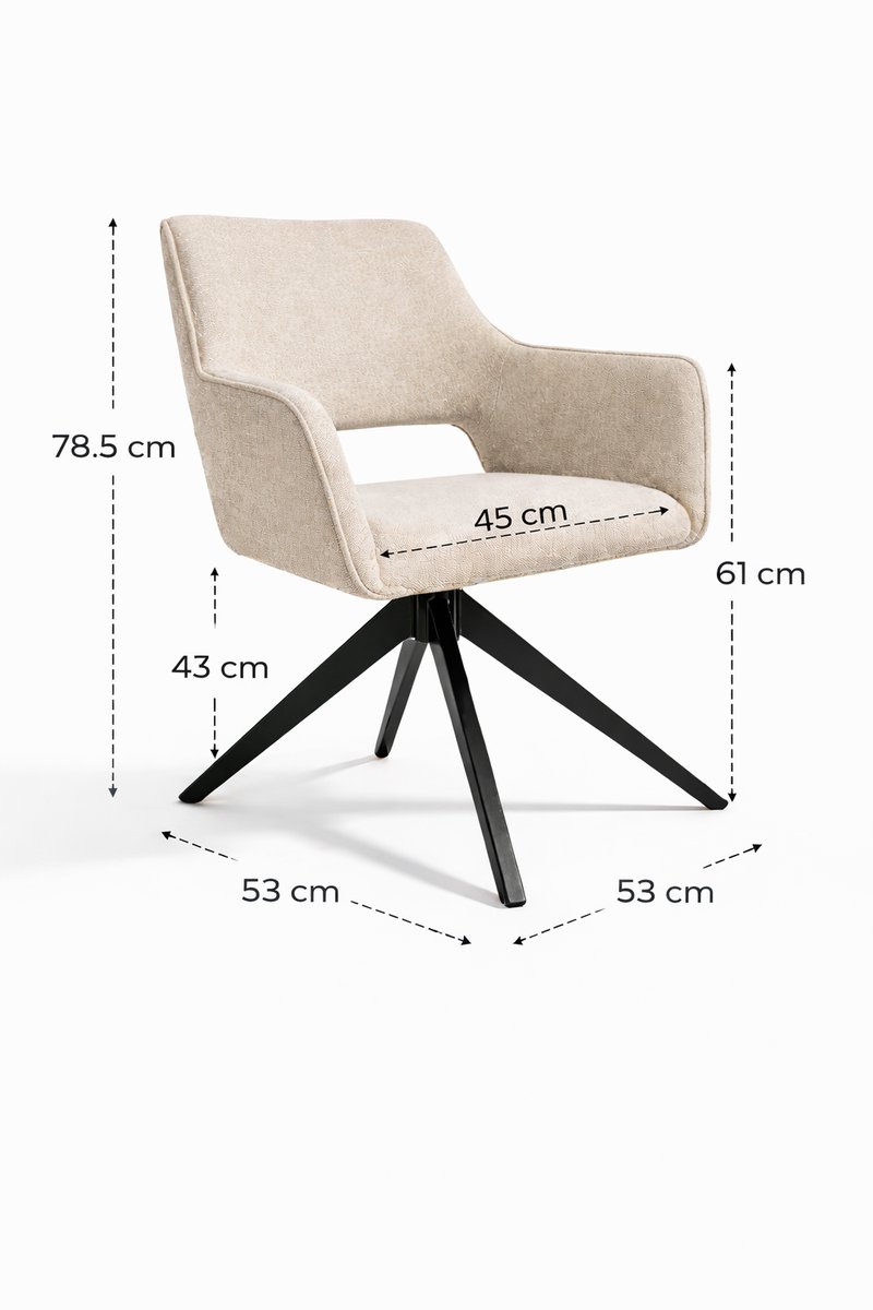 Bam & Boo Serena Draaistoelen Set van 2 – Beige Chenille Eetkamerstoelen met Armleuningen – 360° Draaibaar – Moderne Stoel – Zwart Metalen Onderstel – foto 2