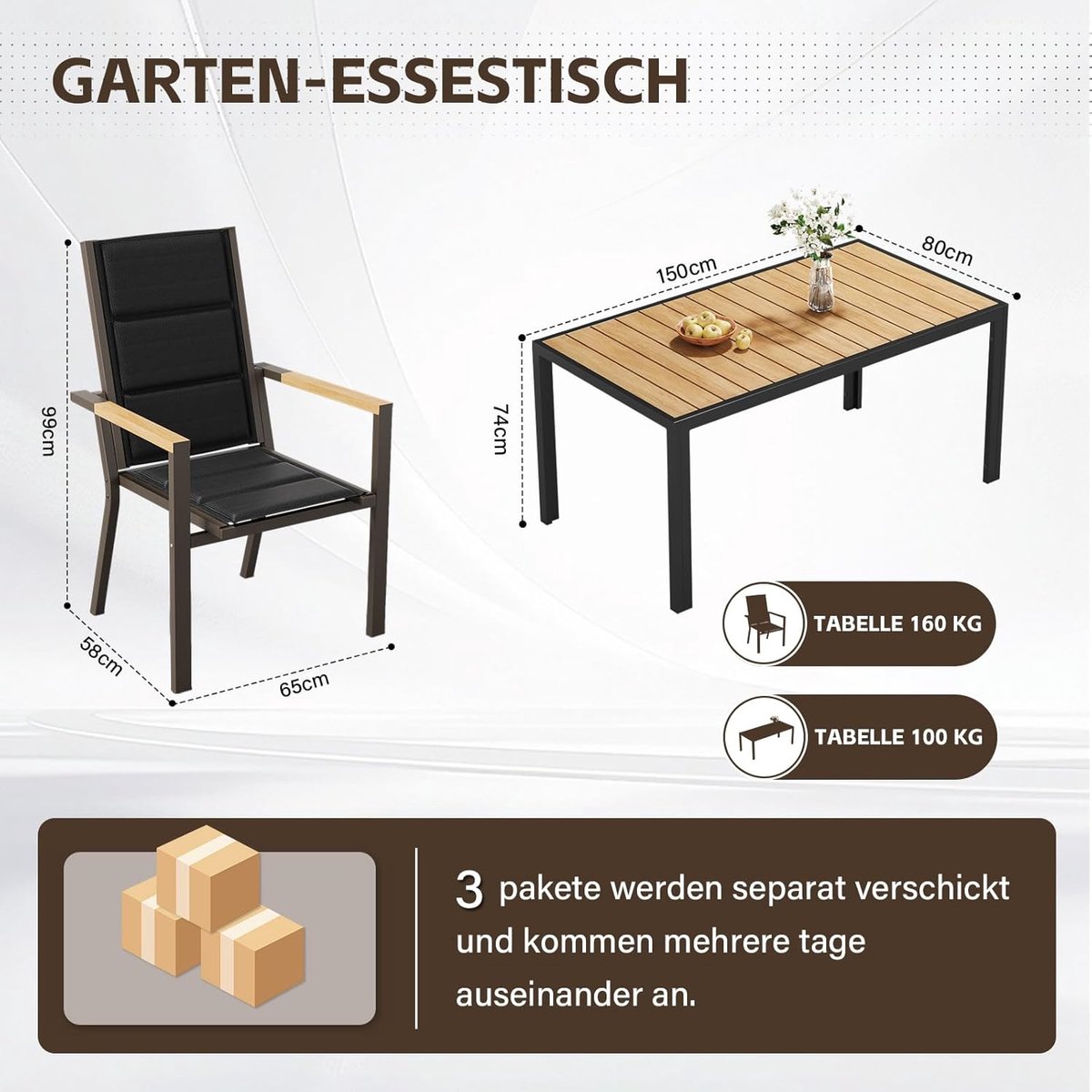 Tuinmeubelset 6 Personen 189x80x72 cm Aluminium Tuintafel met 6 Stapelstoelen Houtlook – Weerbestendig Onderhoudsvrij Luxe Terrasset Bruin – Nicolehome