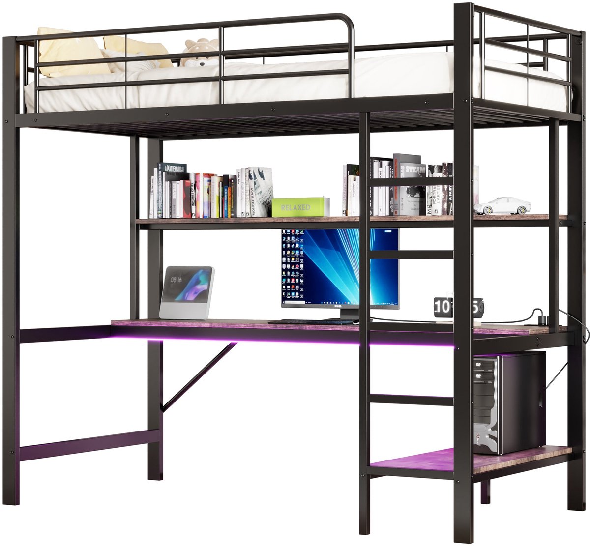 Merax Hoogslaper 90x200 cm - Met bureau - Opbergrek - USB en stopcontact - LED verlichting - Metalen - Zwart