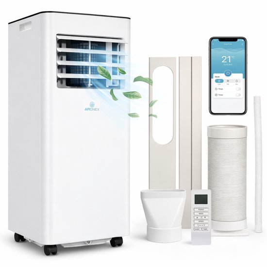Aironex Mobiele Airco 7000 BTU – App & Afstandsbediening – Stil & Compact – Mobiele Airconditioner met Raamafdichting - Mobiele Airco voor Slaapkamer, Woonkamer, Kantoor