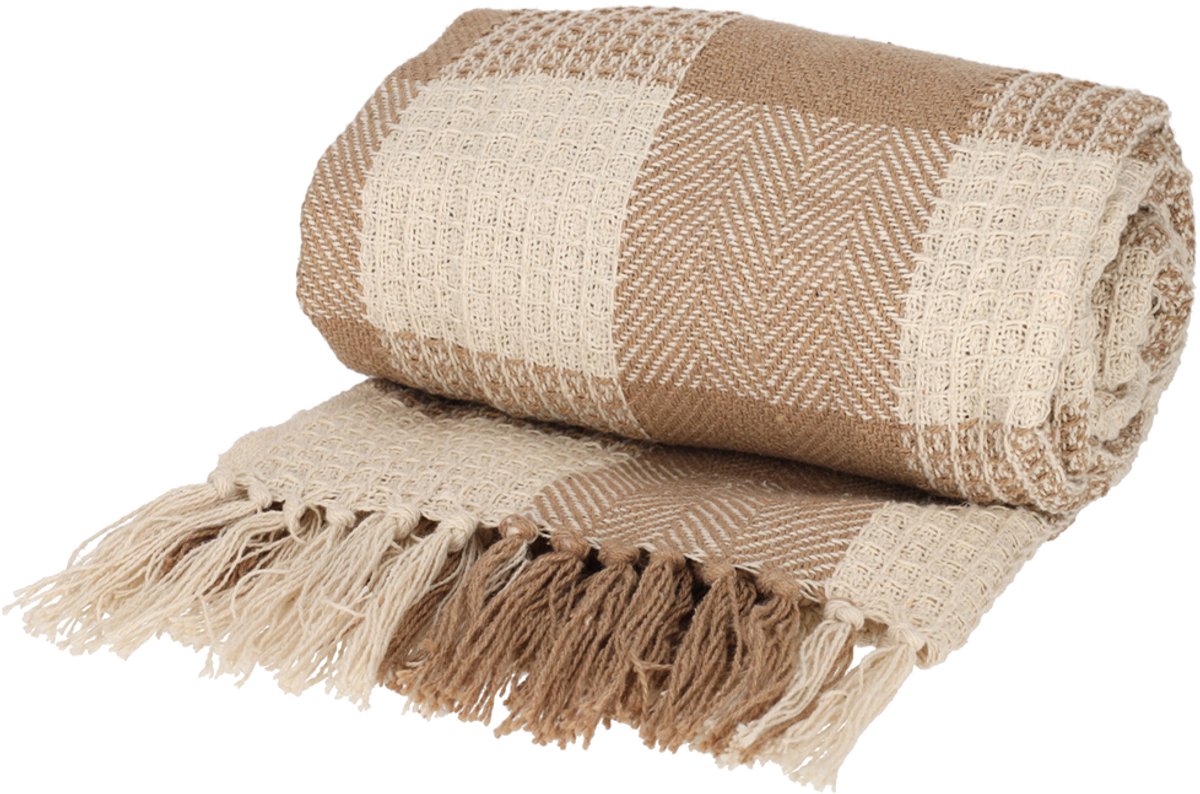 Jens Living Plaid Kai - Gerecycled Katoen - 130 X 180cm - Taupe/beige - met Kwastjes