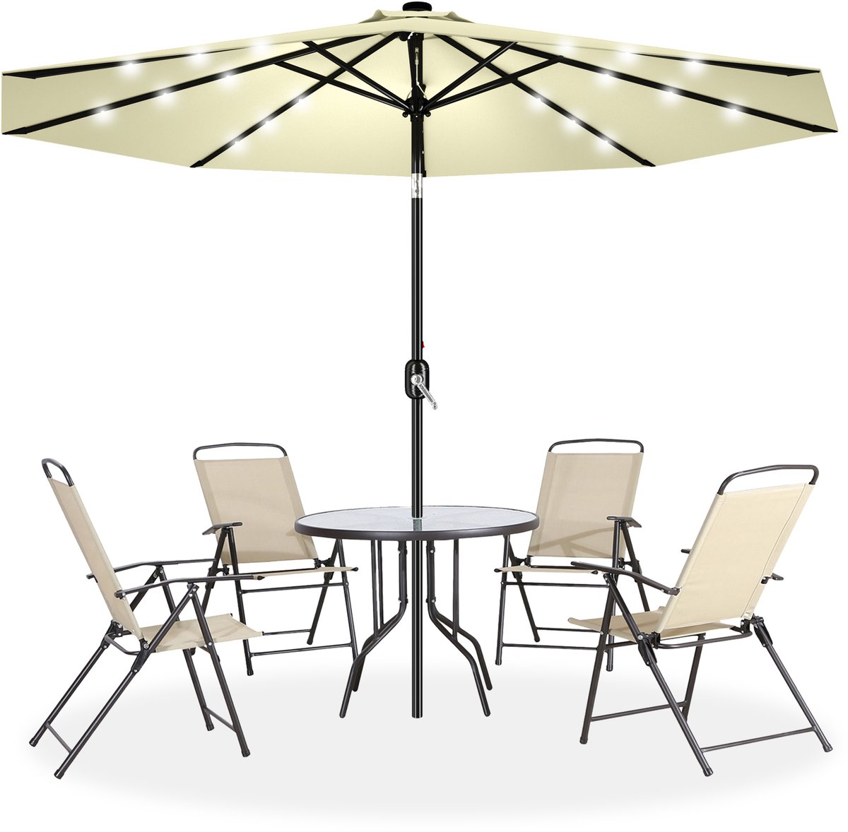 Aufun Parasol met zwengel - 350 cm - met LED - niet verstelbaar - voor tuin, terras, balkon, markt - beige