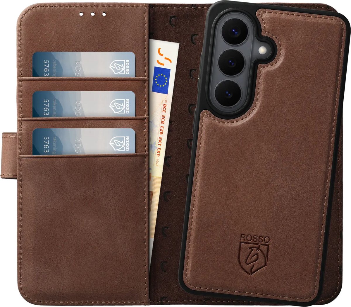 Rosso Elite Hoesje Geschikt voor Samsung Galaxy S26 | Compatibel met MagSafe / Qi2 | Book Case en Back Cover | Magnetisch Uitneembaar | Echt Leer Beschermhoes met Pasjeshouder | Bruin
