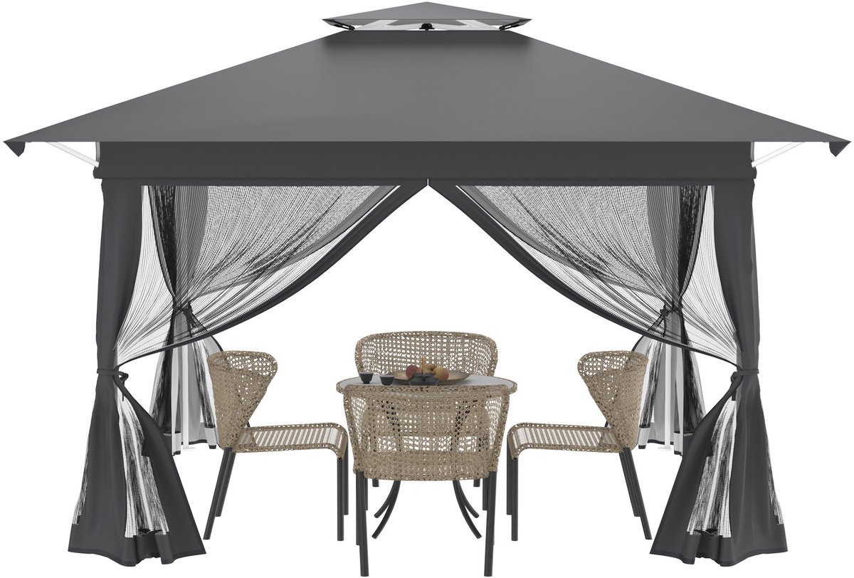 Aufun 4x4M Pop-up Tuinfeesttent - Opvouwbaar Paviljoen met Dubbele Beschermhoes, Afneembare Zijpanelen en Muggennet, Antraciet