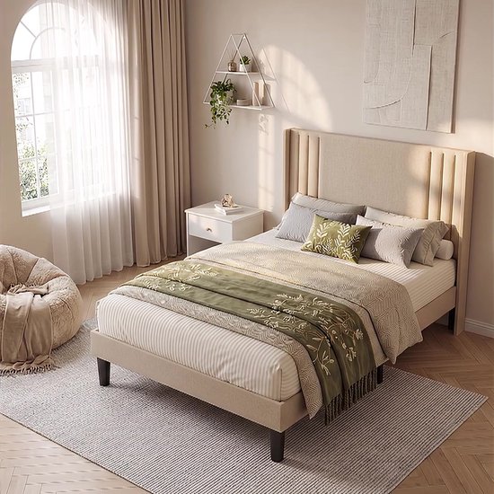 Bealife BF45 Cadre de lit - 200 x 120 cm - Tête de lit et sommier à lattes - Beige
