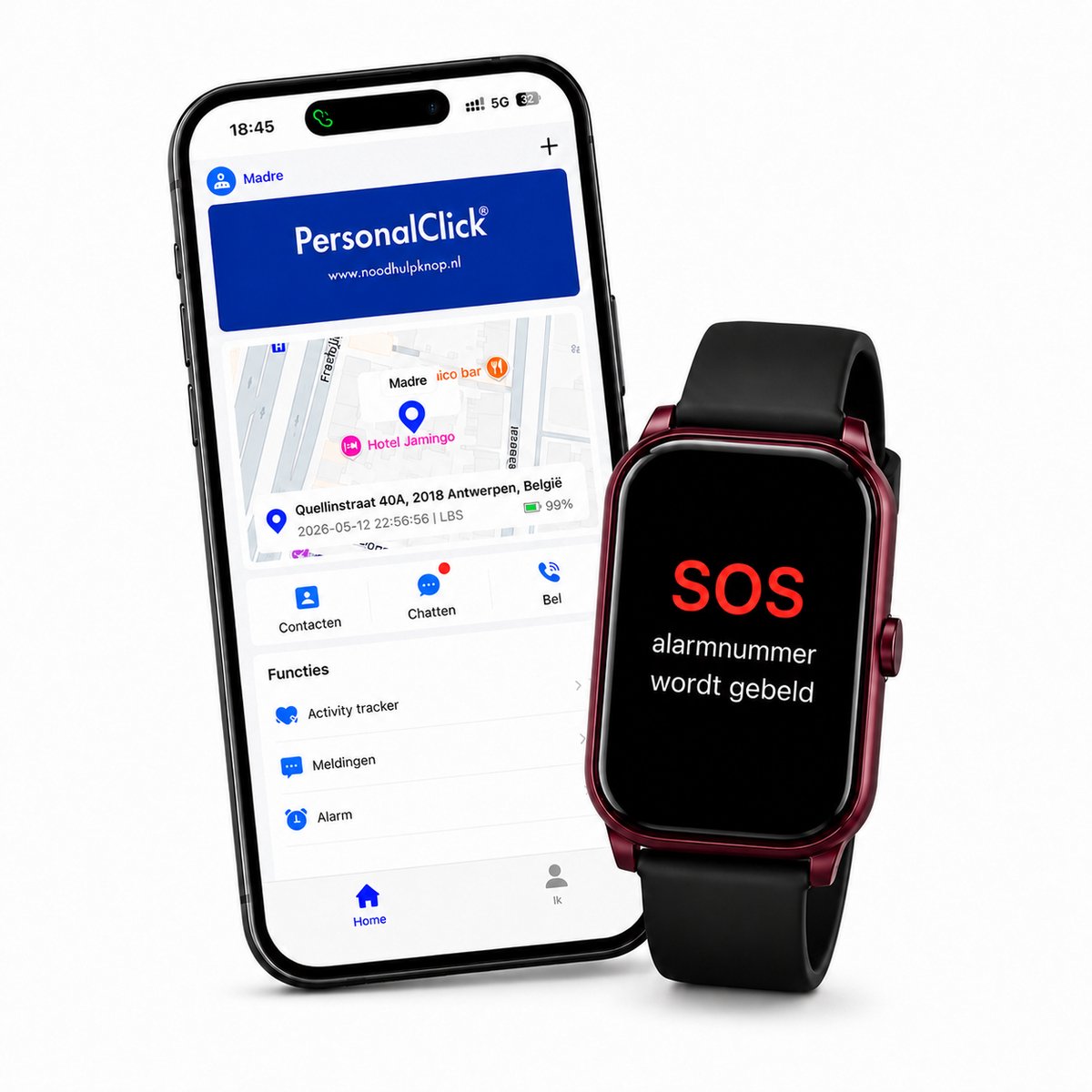 Personalclick pc45 alarm horloge ouderen, valdetectie & waterdicht & sos knop & extra smal en lange accuduur, alarmknop voor ouderen , rood