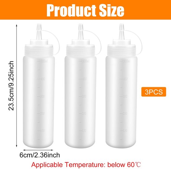 Dailygoody - Plastic Knijpfles - Sausfles Dispenser - Lekvrij en BPA-vrij - 500ml - Transparante Flessen - Voor Sauzen en Specerijen - Set van 3 — afbeelding 5