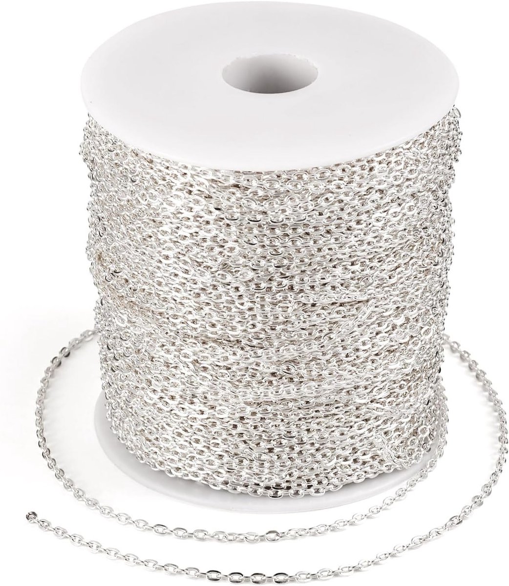 328 Feet Zilveren Platte Ovalen Link Kabel Ketting met Spool voor Sieraden Maken, 3x2x0.6mm, Ideaal voor DIY Projecten en Creatieve Accessoires