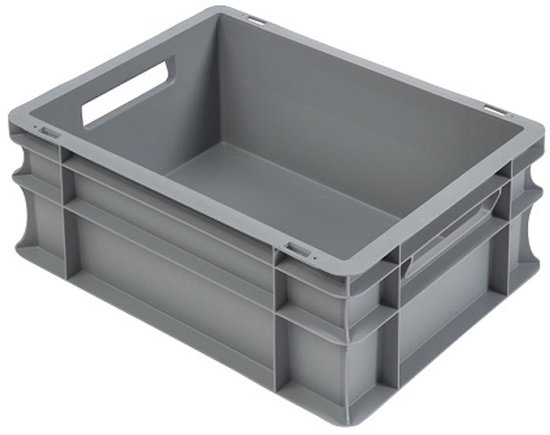 Grijze kunststof stapelbak van 400x300x170 mm met handgrepen aan de korte zijden.