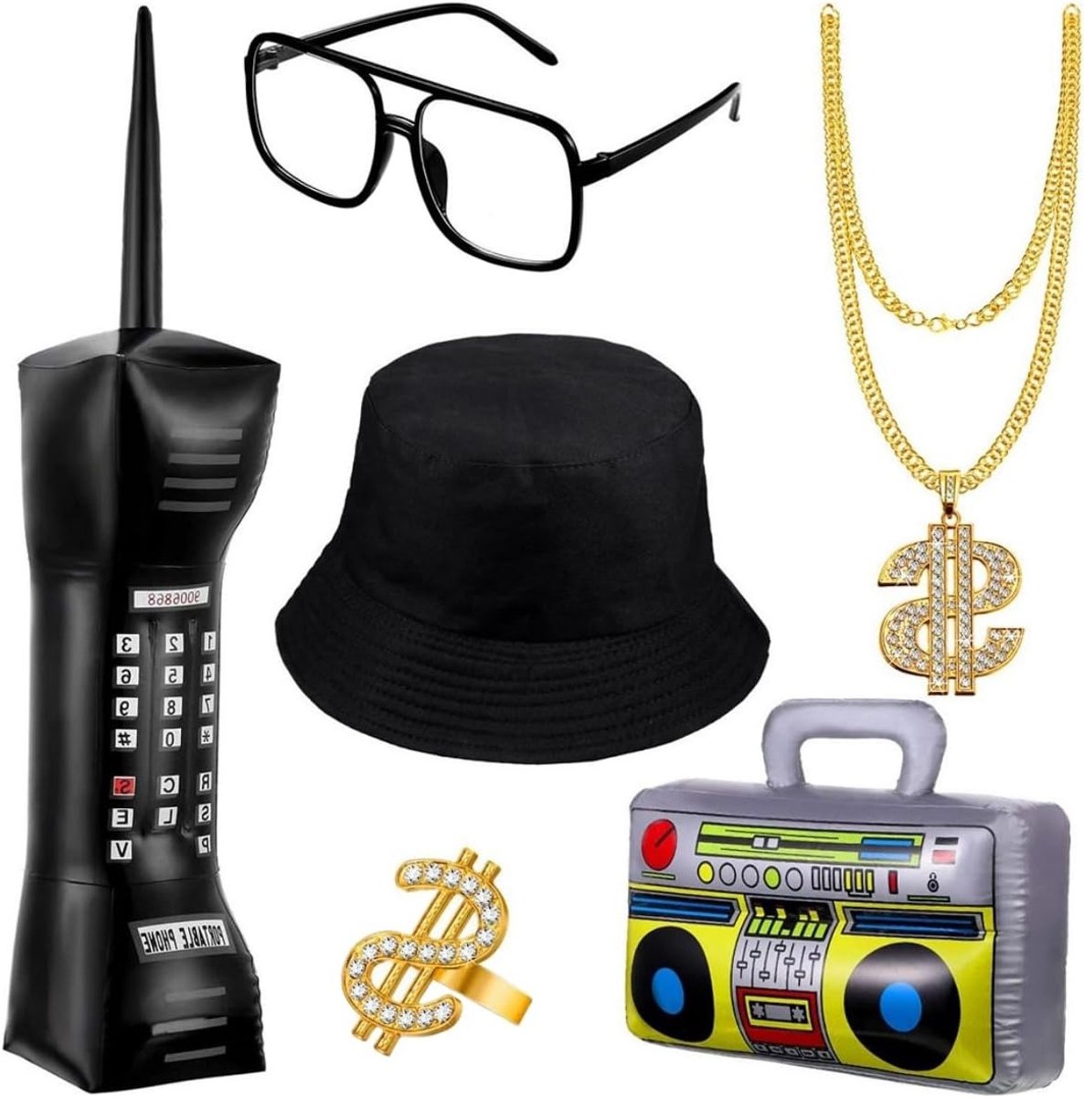 Hip Hop Fancy Dress Accessoires Set voor Disco Themaparty - 6 Delige Rapper Kostuum met Gouden Ketting, Ring en Vissershoed