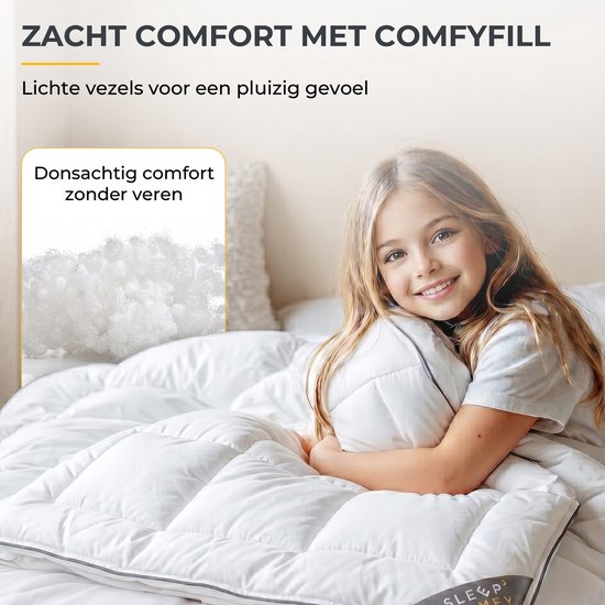Meisje met blonde haren knuffelt een wit dekbed, 'Zacht comfort met Comfyfill'.