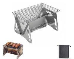 BBQ-grill - Roestvrijstalen BBQ-grill - Houtskool BBQ-grill - Mini BBQ-grill - Buiten BBQ-grill - Draagbaar - Opvouwbaar - Inclusief opbergtas - 27*16*13 cm - Geschikt voor kamperen, terrassen, buiten, enz. - Zilver