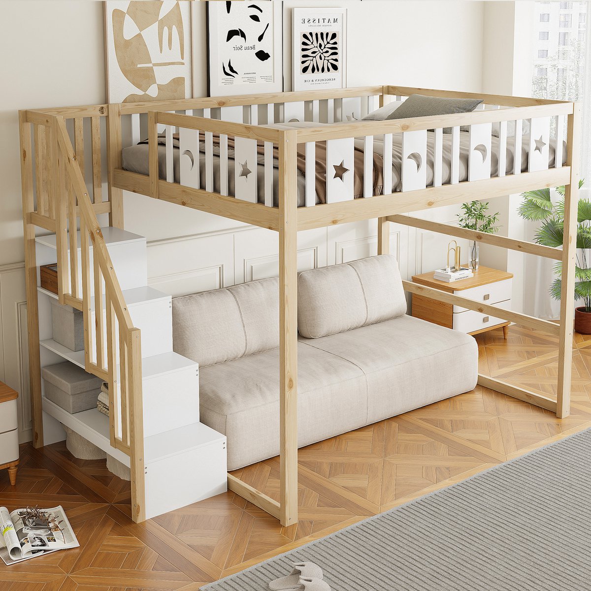 Hoogslaper 140x200 Van Massief Hout - Kinder Stapelbed Met Trap En Opbergruimte - Wit Naturel