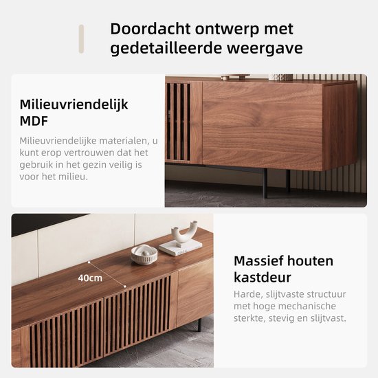 Tv-meubel van walnoothout met lamellenfront en massief houten kastdeuren.