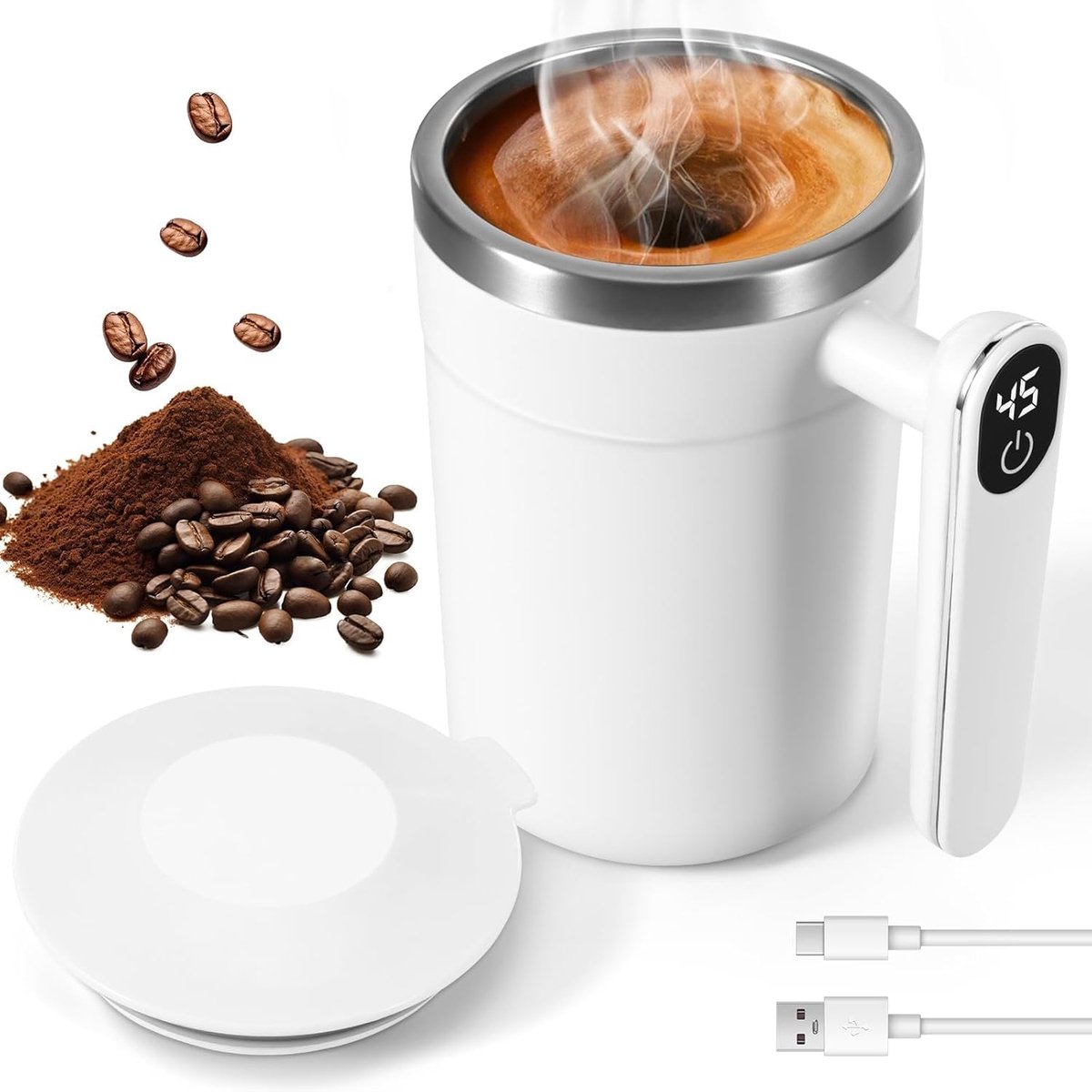 Zelfroerende koffiemok 400ml – RVS, temperatuurweergave, USB oplaadbaar