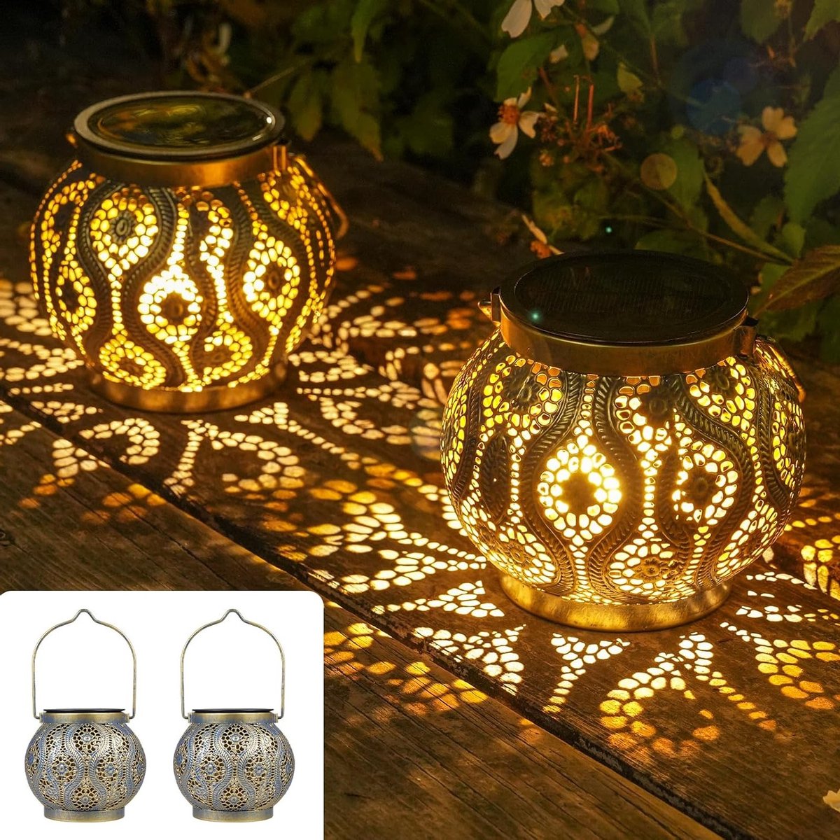Solar Lantaarns voor Buiten - Waterdichte LED Tuinverlichting in Oosterse Stijl, Warm Wit, Set van 2 voor Tuin, Balkon en Boom