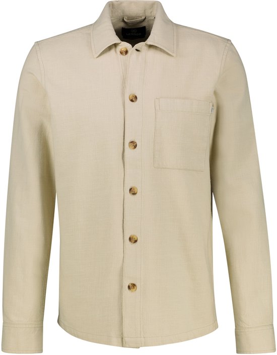 Licht beige, effen, langarmig overhemd met knoopsluiting, borstzak en geborduurde details.