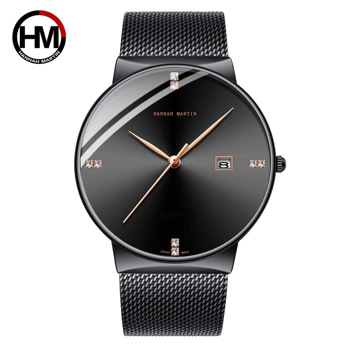 HANNAH MARTIN Herenhorloge met Kristalaccenten, Zwarte Metalen Polsband, Zwarte Wijzerplaat, Zwarte Horlogekast en Gouden Wijzers ( Model 901 WFH )