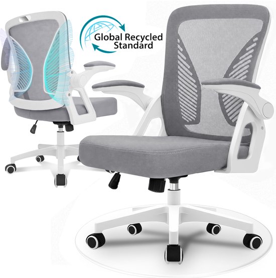 Milacyee Bureaustoel - Ergonomische Bureaustoel – Verstelbare Gaming/Computerstoel met Mesh Rug & Lendensteun – 90° Opklapbare Armleuningen – Directiestoel met Stille Wieltjes – Tot 102 kg Belasting - Grijs - Geschikt voor thuiswerk en kantoor