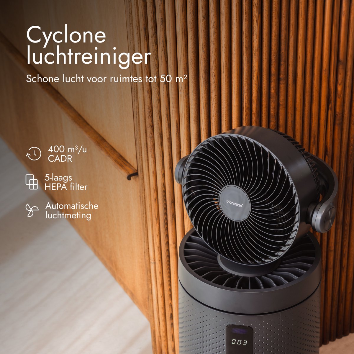 Bloomfold Luchtreiniger en Ventilator Cyclone – H13 HEPA & UVC-licht – 400 m³/h CADR – Air Purifier - Medische Filtratieklasse tegen Pollen & Fijnstof — afbeelding 2