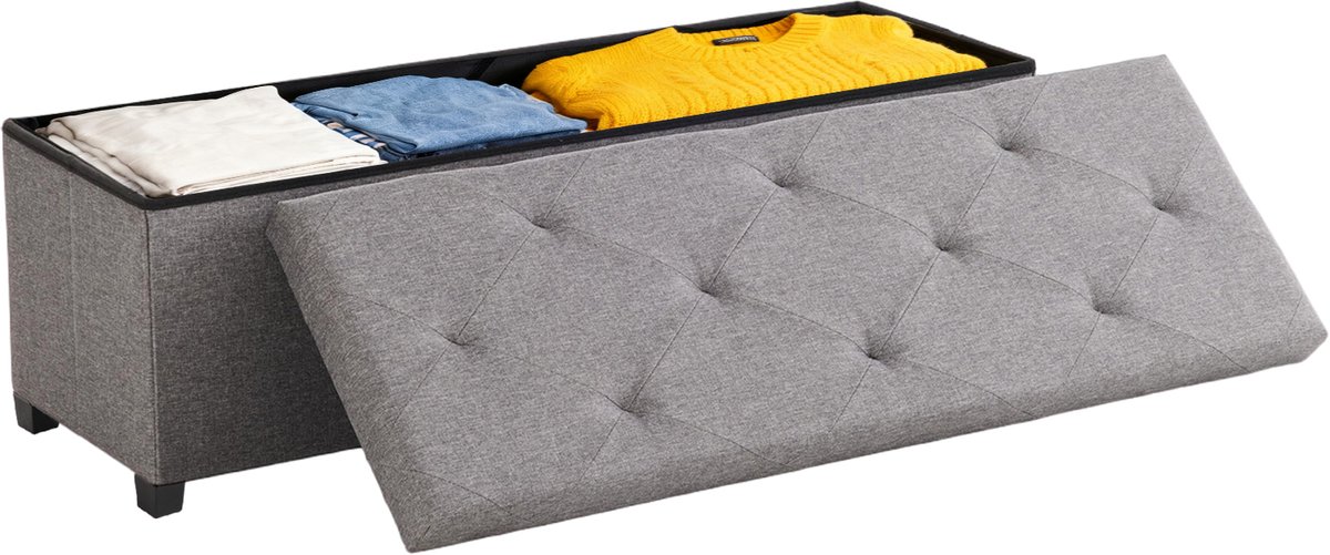 Opvouwbare Opbergbank Met Poten 110×38×38 cm Grijs – 132L Lange Opbergkist Zitbank – Belastbaar 150 kg – Lang Model Opbergbank