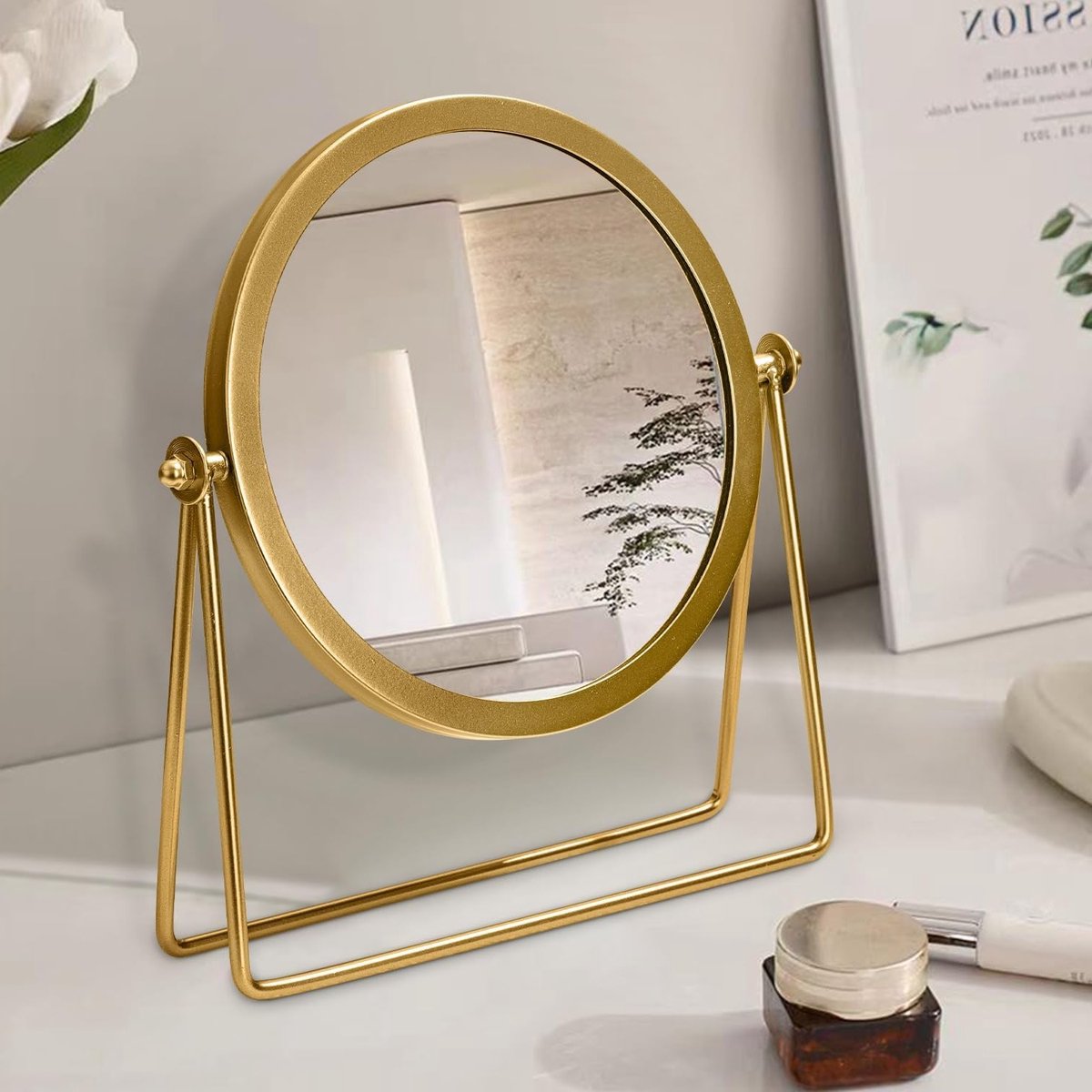 Ronde Metalen Tafel Spiegel met 360° Rotatie, Vrijstaande Make-up Spiegel voor Badkamer en Slaapkamer, Gouden Afwerking